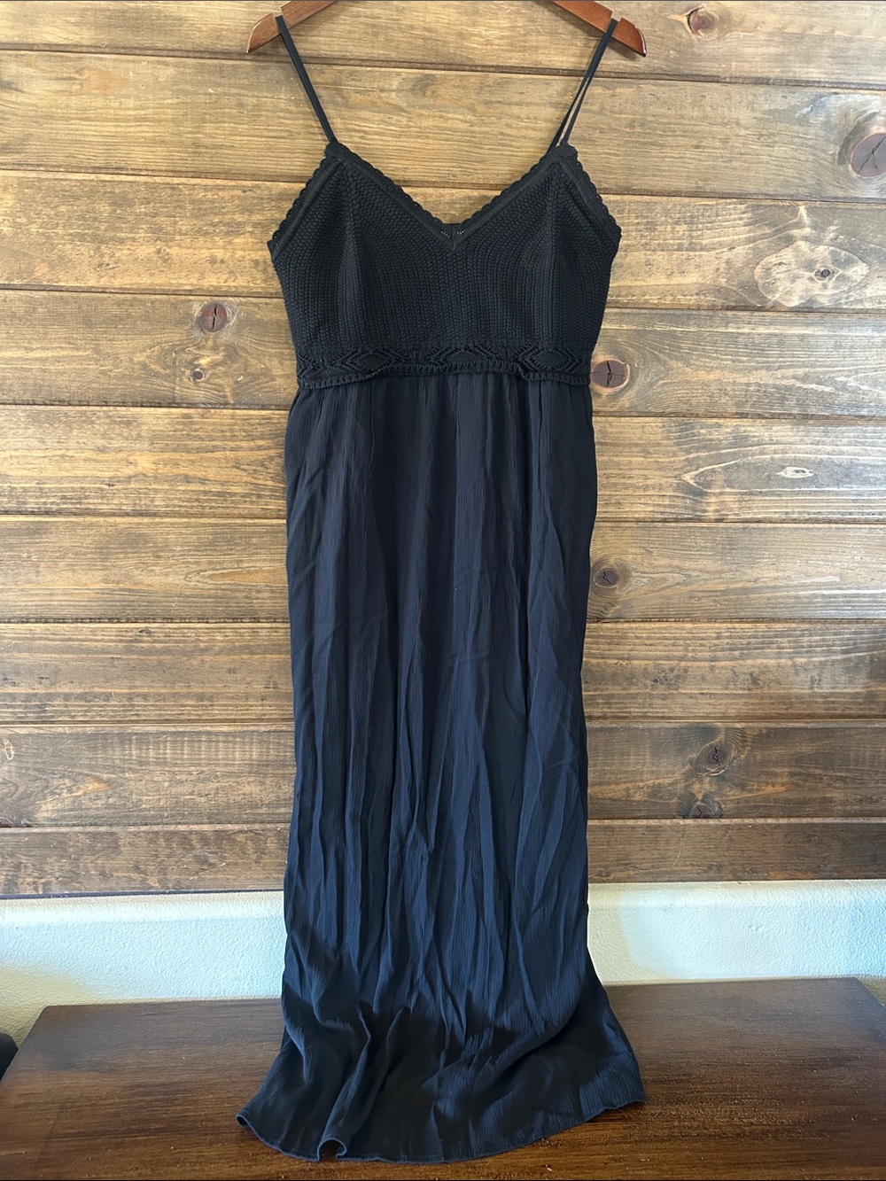 No Boundaries Black Crochet-Bodice Spaghetti-Strap Maxi Dress